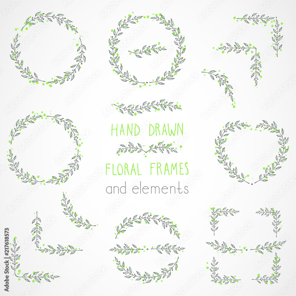 Vector set of floral hand drawn frames and decorative elements. Vector set of floral hand drawn frames and decorative elements.