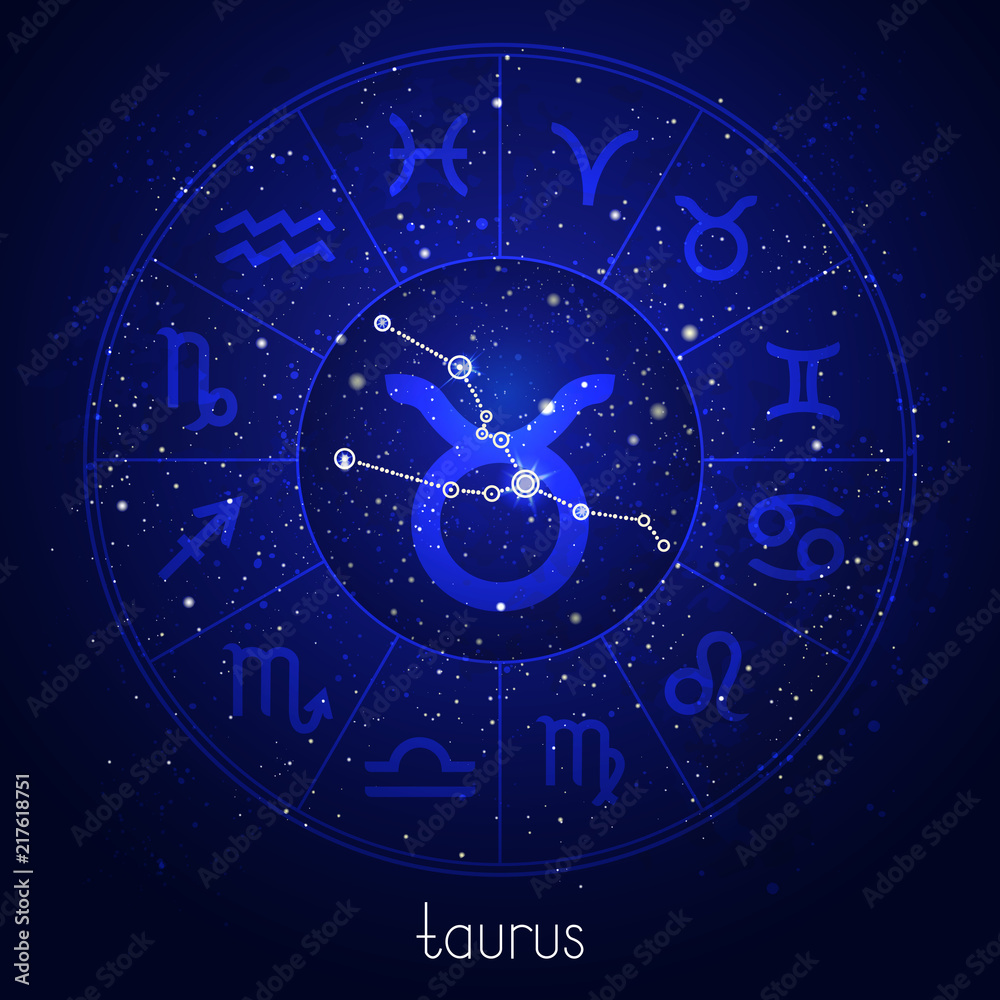 Zodiac sign and constellation TAURUS with Horoscope circle and sacred symbols on the starry night sky background. Vector illustrations in blue color.