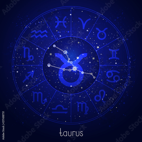 Zodiac sign and constellation TAURUS with Horoscope circle and sacred symbols on the starry night sky background. Vector illustrations in blue color.