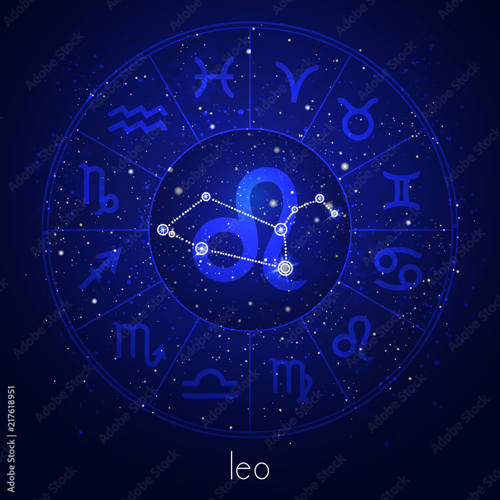 Zodiac sign and constellation LEO with Horoscope circle and sacred symbols on the starry night sky background. Vector illustrations in blue color. Zodiac sign and constellation LEO with Horoscope circle and sacred symbols on the starry night sky background. Vector illustrations in blue color.