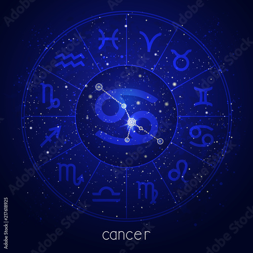 Zodiac sign and constellation CANCER with Horoscope circle and sacred symbols on the starry night sky background. Vector illustrations in blue color.