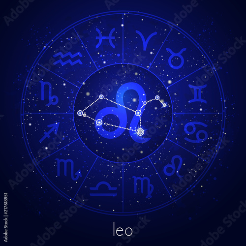 Zodiac sign and constellation LEO with Horoscope circle and sacred symbols on the starry night sky background. Vector illustrations in blue color.