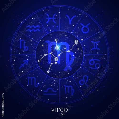 Zodiac sign and constellation VIRGO with Horoscope circle and sacred symbols on the starry night sky background. Vector illustrations in blue color.
