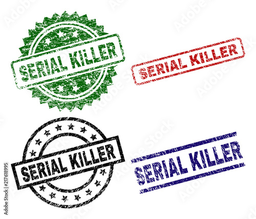 SERIAL KILLER seal prints with corroded texture. Black, green,red,blue vector rubber prints of SERIAL KILLER label with corroded texture. Rubber seals with round, rectangle, medallion shapes.