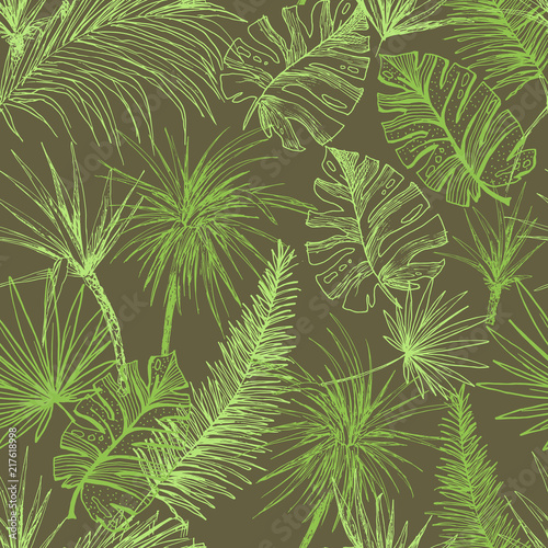 Palmtrees Seamless Pattern. Green coconut or queen palm trees with leaves. Beach and rainforest, desert coco flora. Foliage of subtropical fern. Green palmae or jungle arecaceae. Fashion Botany