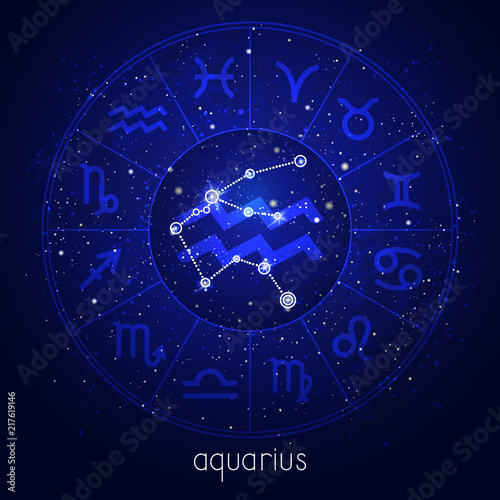 Zodiac sign and constellation AQUARIUS with Horoscope circle and sacred symbols on the starry night sky background. Vector illustrations in blue color.