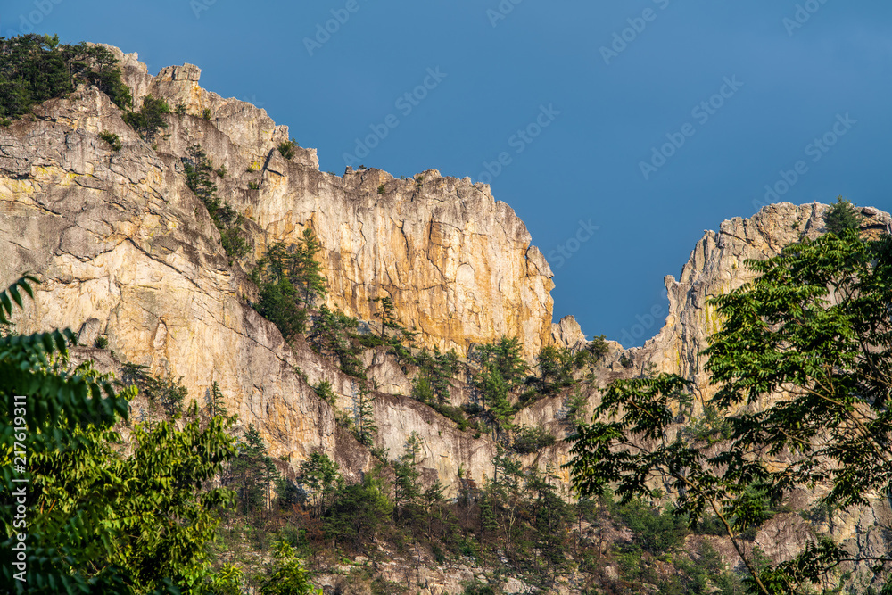 Seneca Rocks viewed from the north in West Virginia -a popular rock climbing and recreation destination