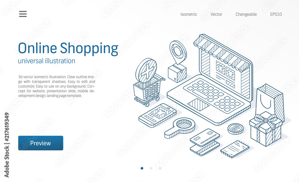 Online Shopping modern isometric line illustration. Delivery, cart, laptop store business sketch drawn icons. Abstract 3d vector background. Ecommerce pay, market sales concept. Landing page template Online Shopping modern isometric line illustration. Delivery, cart, laptop store business sketch drawn icons. Abstract 3d vector background. Ecommerce pay, market sales concept. Landing page template
