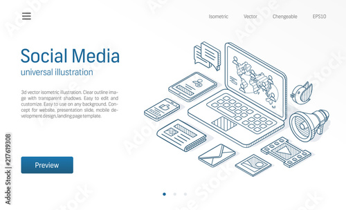 Social Media Network modern isometric line illustration. News feed, post content, business communicate sketch drawn icons. Abstract 3d vector background. People connect concept. Landing page template