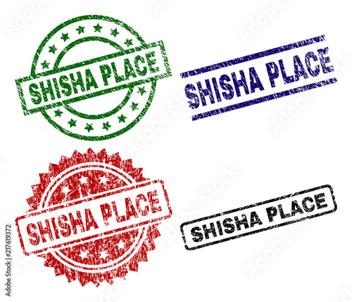 SHISHA PLACE seal prints with damaged surface. Black, green,red,blue vector rubber prints of SHISHA PLACE caption with unclean style. Rubber seals with round, rectangle, medal shapes.