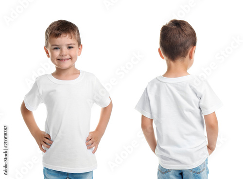 Front and back views of little boy in blank t-shirt on white background. Mockup for design