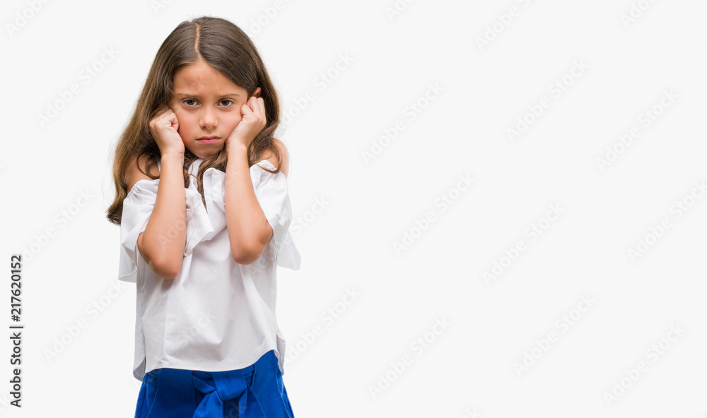 Brunette hispanic girl covering ears with fingers with annoyed expression for the noise of loud music. Deaf concept. Brunette hispanic girl covering ears with fingers with annoyed expression for the noise of loud music. Deaf concept.
