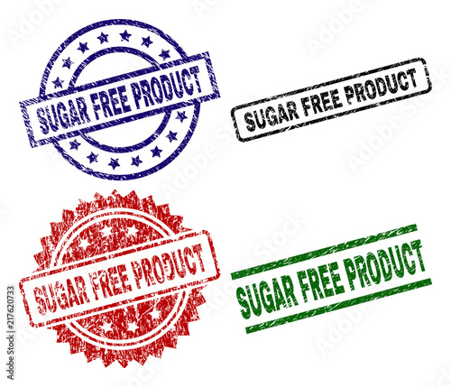 SUGAR FREE PRODUCT seal prints with damaged style. Black, green,red,blue vector rubber prints of SUGAR FREE PRODUCT title with scratched style. Rubber seals with circle, rectangle, medal shapes.