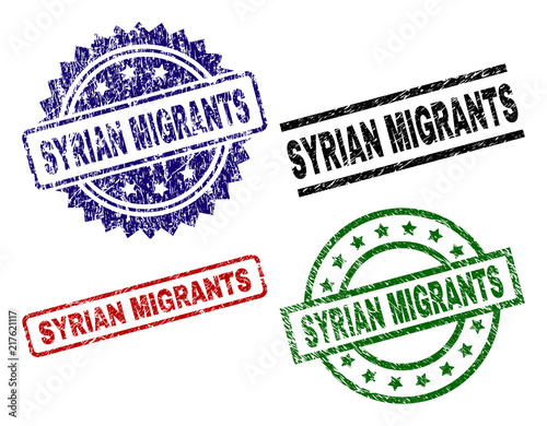 SYRIAN MIGRANTS seal prints with corroded surface. Black, green,red,blue vector rubber prints of SYRIAN MIGRANTS text with unclean surface. Rubber seals with round, rectangle, rosette shapes.