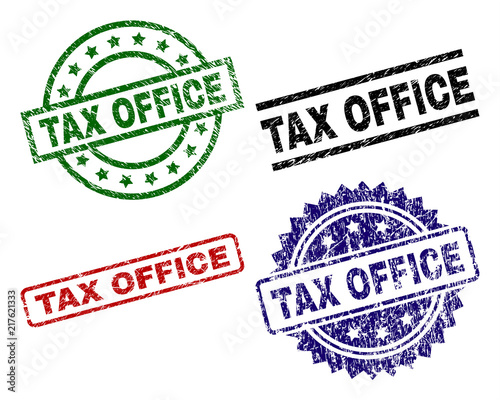 TAX OFFICE seal imprints with corroded texture. Black, green,red,blue vector rubber prints of TAX OFFICE caption with dirty texture. Rubber seals with circle, rectangle, rosette shapes.