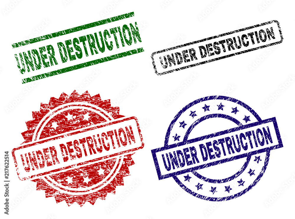 UNDER DESTRUCTION seal prints with distress style. Black, green,red,blue vector rubber prints of UNDER DESTRUCTION tag with dirty surface. Rubber seals with circle, rectangle, medallion shapes. UNDER DESTRUCTION seal prints with distress style. Black, green,red,blue vector rubber prints of UNDER DESTRUCTION tag with dirty surface. Rubber seals with circle, rectangle, medallion shapes.