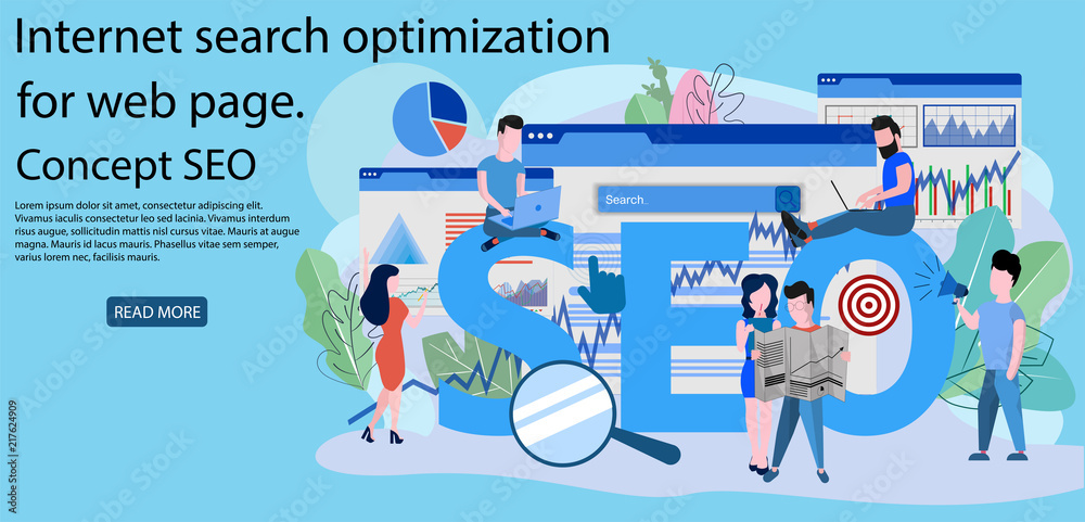 Landing page template of Seo analysis. Internet search optimization for web page design and website and mobile website. Concept SEO Vector illustration Landing page template of Seo analysis. Internet search optimization for web page design and website and mobile website. Concept SEO Vector illustration