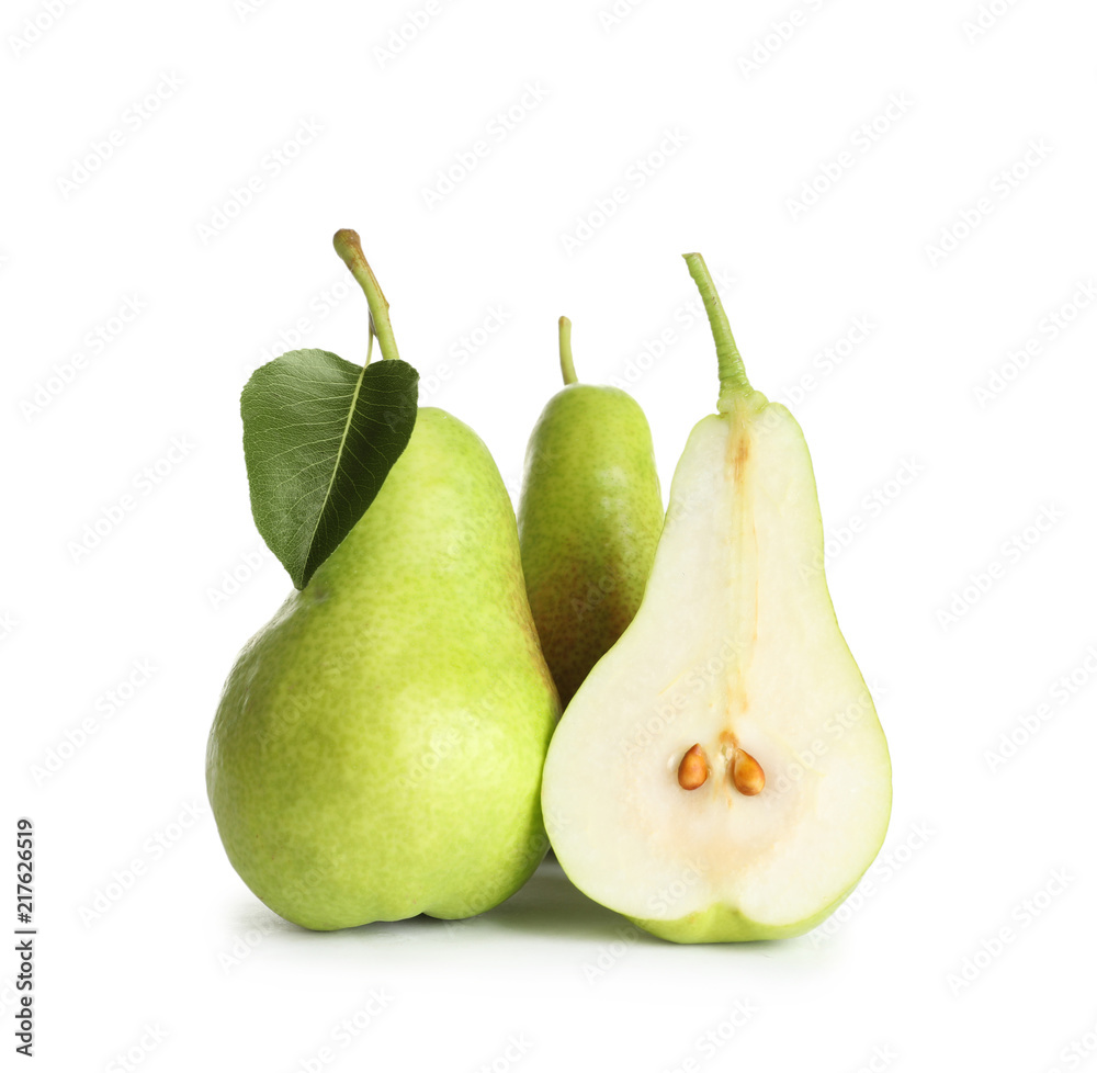 Whole and sliced pears on white background Whole and sliced pears on white background