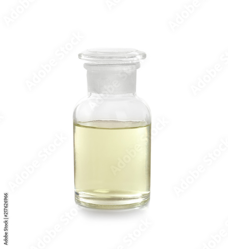Bottle with liquid on white background. Laboratory analysis