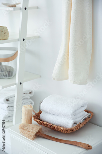 Clean towels and sponges on table indoors