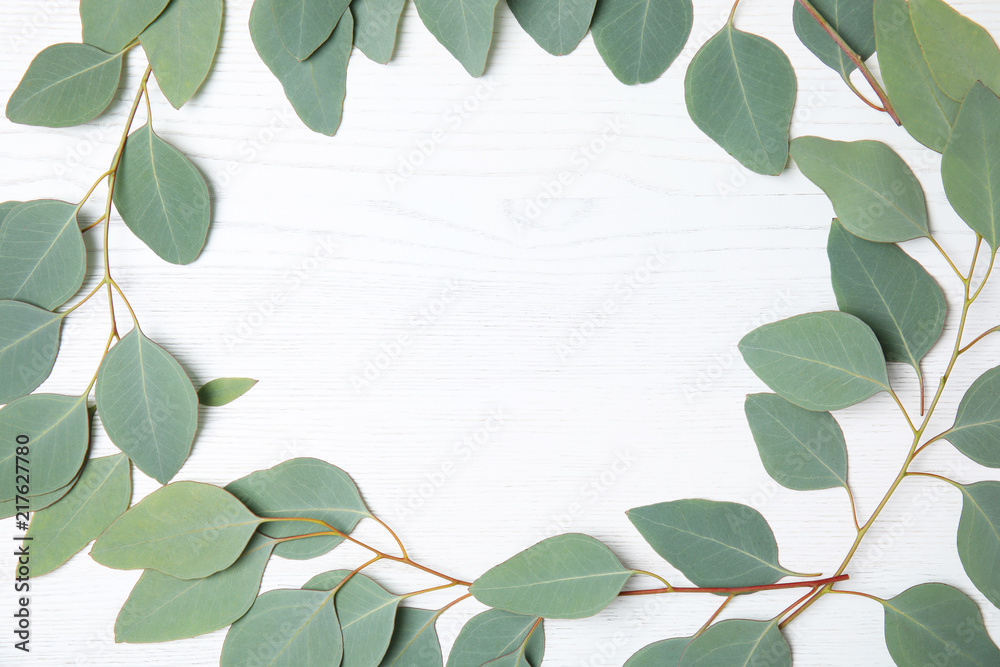Flat lay composition with fresh eucalyptus leaves and space for design on white wooden background