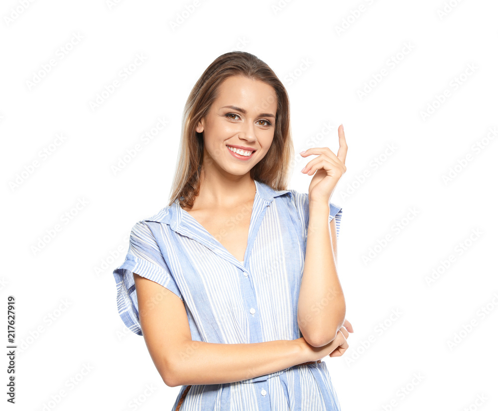 Portrait of beautiful woman on white background