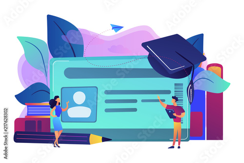 School smart card with photo and users. Student profile and school attendance, student identification with microchip, school access and payment concept, violet palette. Vector isolated illustration.