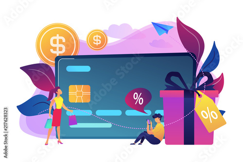 Debit card, gift box and users. Online card payment and plastic money, bank card purchase and shopping, e-commerce and secure bank saving concept, violet palette. Vector isolated illustration.