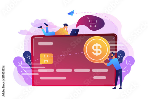 Credit card with dollar coin and users. E-commerce and online shopping, financial operations and plastic card, mobile payment and banking concept, violet palette. Vector isolated illustration.