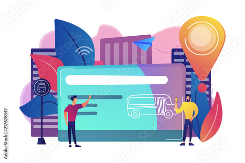 Bus travel card and users. Public transport pass, unlimited or pre-purchased trips, passenger card and transportation, transpot wireless payment concept, violet palette. Vector isolated illustration.