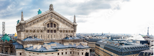 Panorama of the beautiful Paris City seen from the rooftop of the Lafayette Galeries in a cold winter day