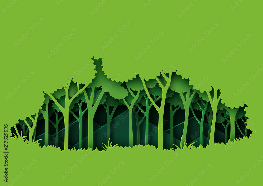 Plakat Eco green nature forest background template.Ecology and environment conservation creative idea concept paper art style.Vector illustration.