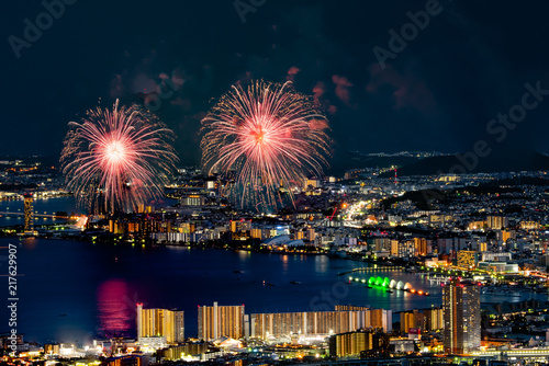 Summer Firework Festival in Biwa lake (Biwako), Otsu city, Shiga prefecture, Japan. The biggest firework exhibition in Kansai area.