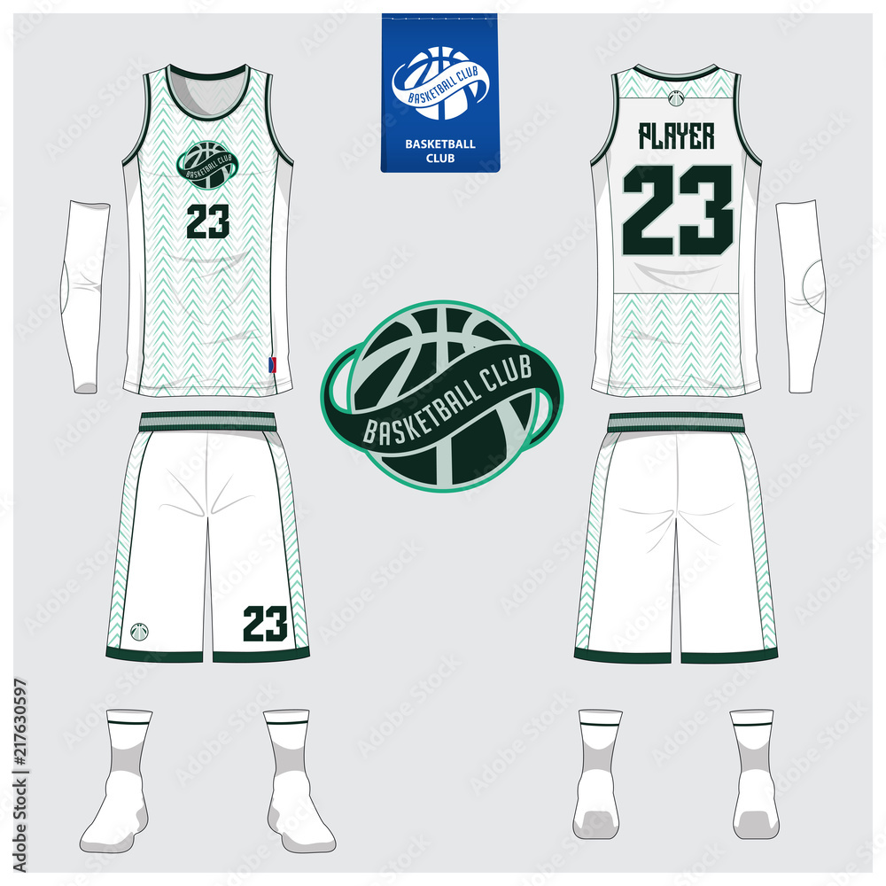 Naklejka premium Basketball jersey or sport uniform, shorts, socks template for basketball club. Front and back view sport t-shirt design. Tank top t-shirt mock up with basketball flat logo design. Vector 