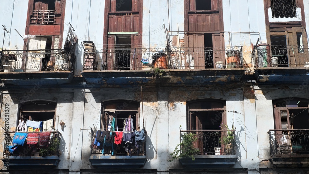 Old balconies with laundry in Havana, Cuba