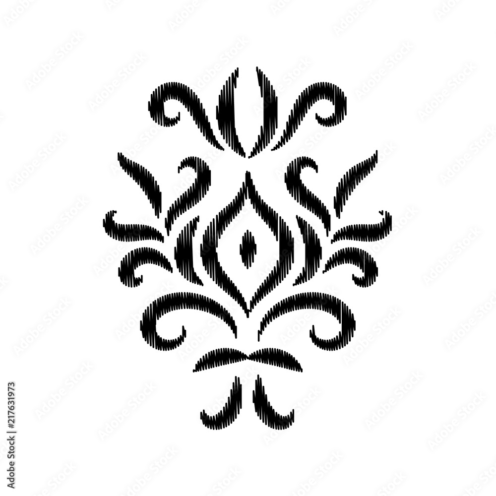 Black and white damask ikat ornament geometric floral illustration, vector