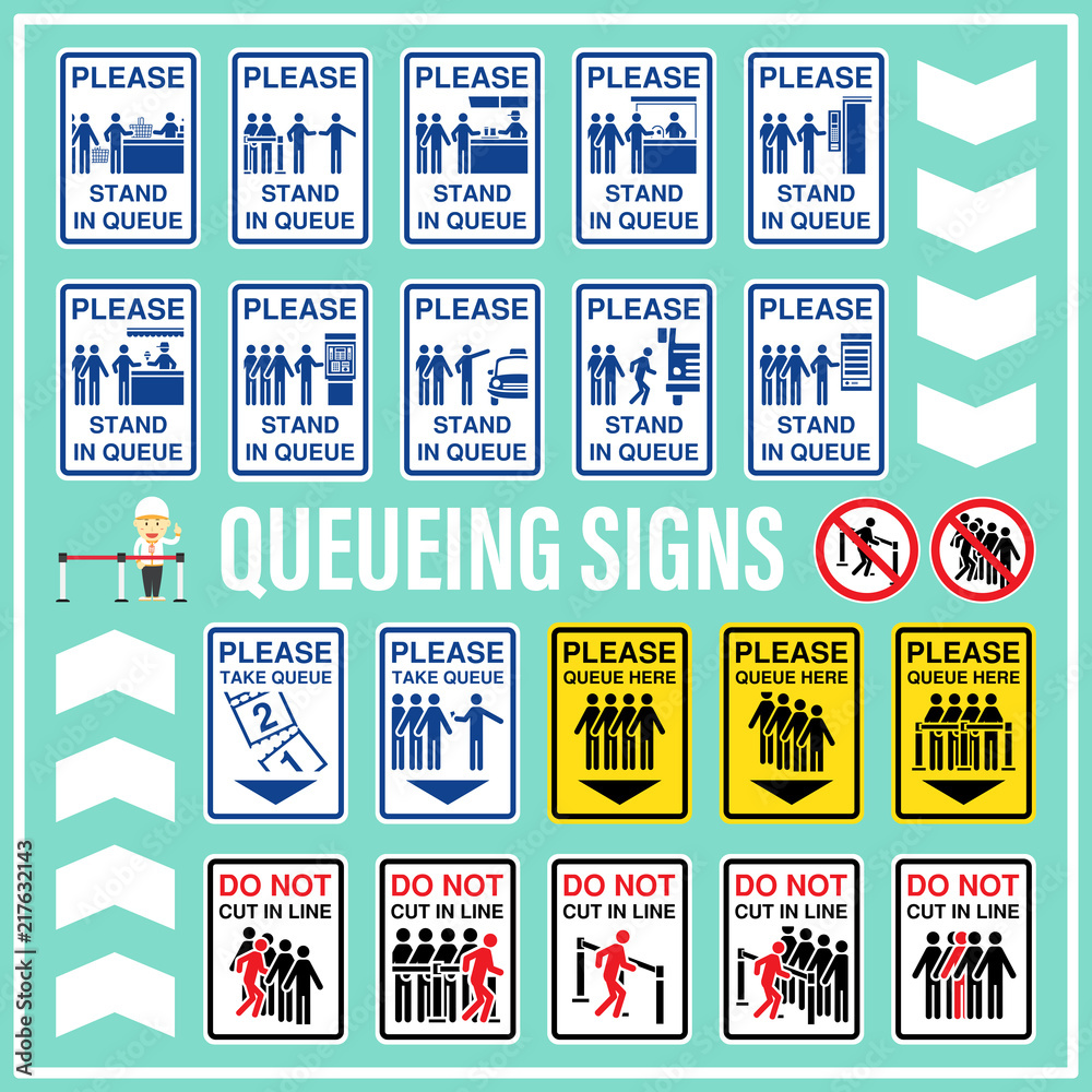 Set of queueing signs and symbols use to indicate and remind all people