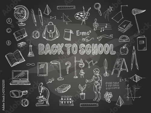 Big set of school items, such as a backpack, book, laptop, globe etc, chalked  on a blackboard. Vector.