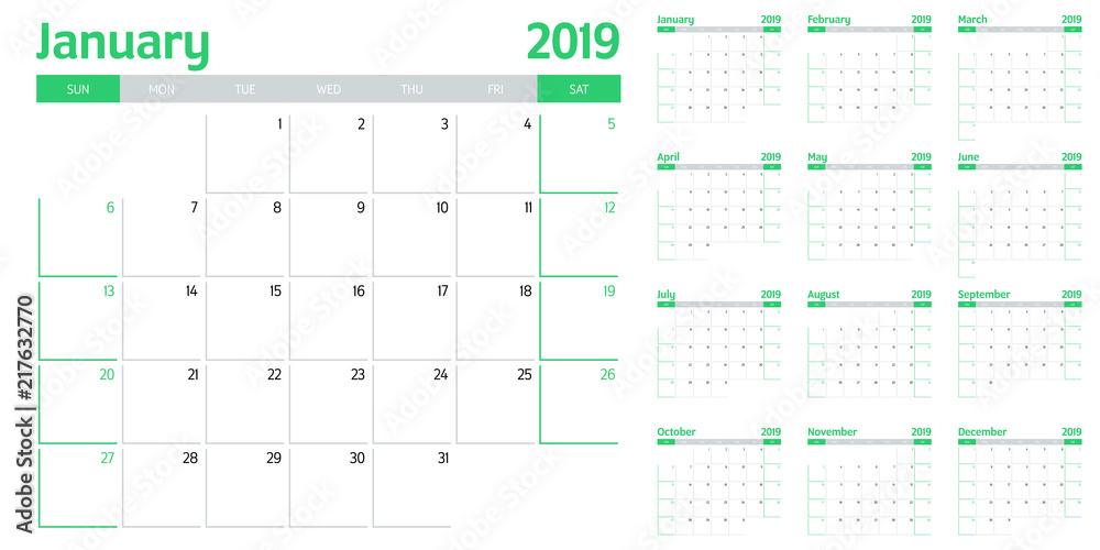 Calendar planner 2019 template vector illustration all 12 months week starts on Sunday and indicate weekends on Saturday and Sunday