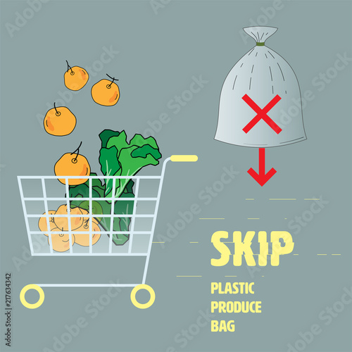 Skip plastic produce bag concept. Outline flat icon of shopping items with typographic design as a gimmick. Vector illustration.