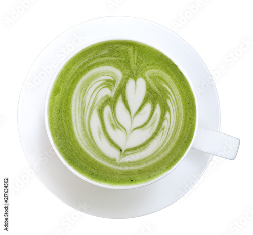 Top view of hot matcha green tea latte art foam isolated on white background, clipping path included