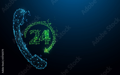 Phone 24hr icon form lines, triangles and particle style design. Illustration vector