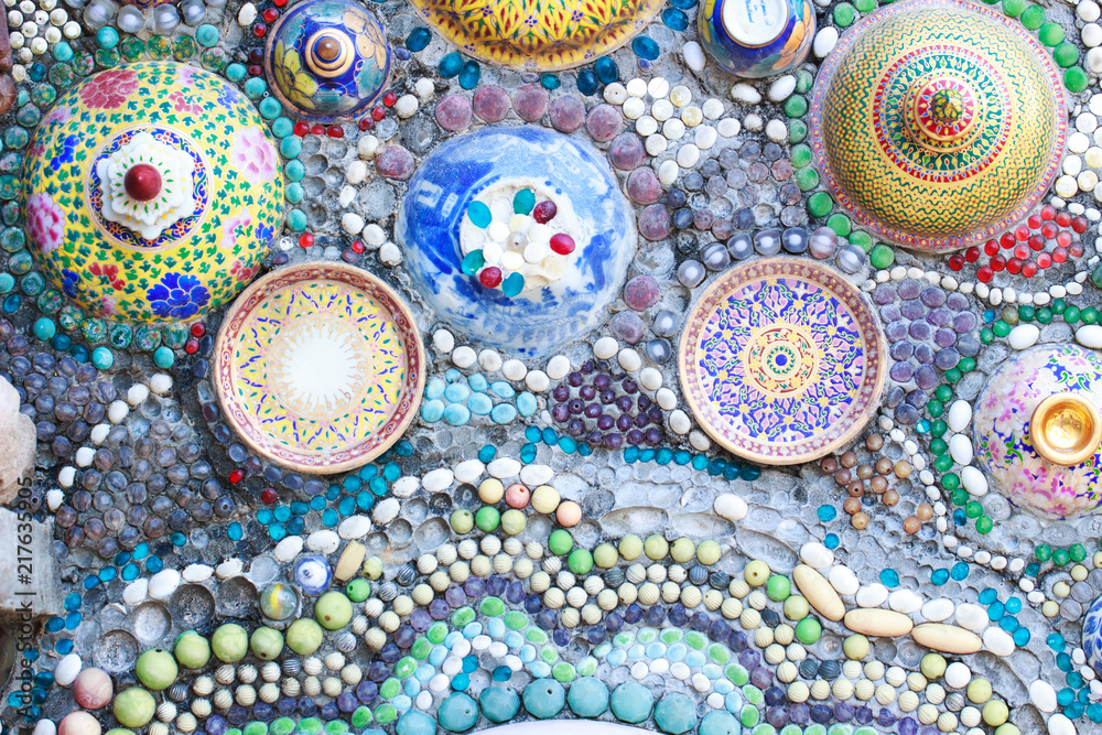 Colorful glass and tile wall texture background, mosaic art Colorful glass and tile wall texture background, mosaic art