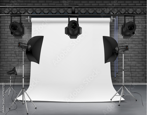 Vector realistic illustration of empty room with blank white screen, studio lights with soft boxes on tripod stands. Concept background with modern lighting equipment for professional photography
