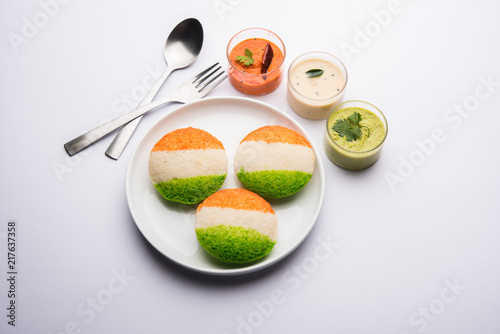 Photography Tiranga Idly or Idli made using Indian National Flag colours like saffron, white and green