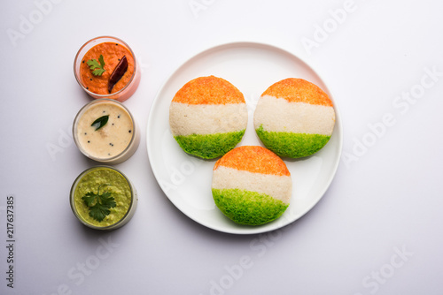 Photography Tiranga Idly or Idli made using Indian National Flag colours like saffron, white and green