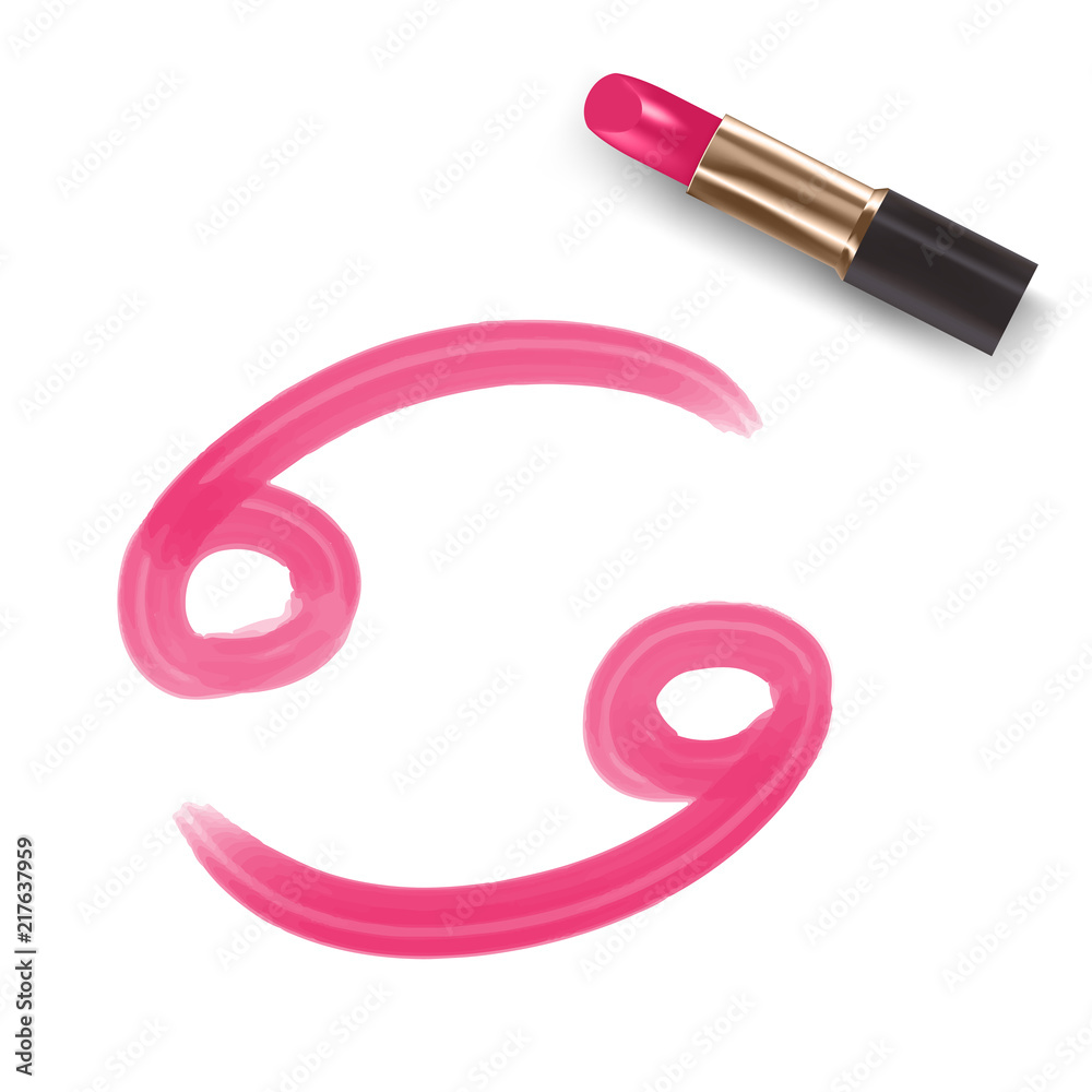 Obraz premium Cancer Zodiac sign write by Lipstick pink color illustration, star constellation concept design isolated on white background, with copy space