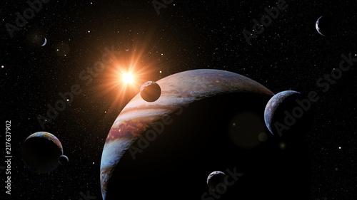 Fototapeta Naklejka Na Ścianę i Meble -  planet Jupiter with some of the 69 known moons lit by the Sun