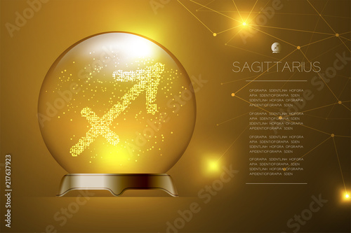 Sagittarius Zodiac sign in Magic glass ball, Fortune teller concept design illustration on gold gradient background with copy space, vector eps 10