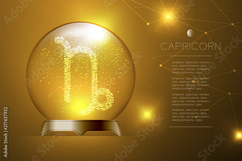 Capricorn Zodiac sign in Magic glass ball, Fortune teller concept design illustration on gold gradient background with copy space, vector eps 10